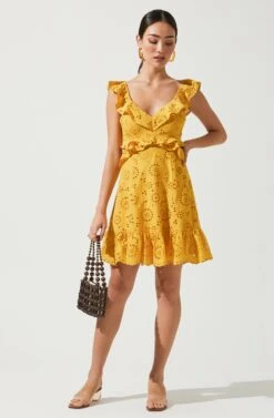 Elora Eyelet Ruffle Mini Dress -Sundress Haven ACDR95186C MUSTARD 1