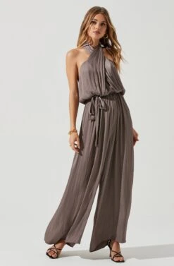 Cheryl Halter Open Back Wide Leg Jumpsuit -Sundress Haven ACP7231 MUSHROOM 0328
