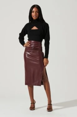 Melody Faux Leather Midi Skirt -Sundress Haven ACS9099 WINE 0898
