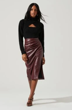 Melody Faux Leather Midi Skirt -Sundress Haven ACS9099 WINE 0902