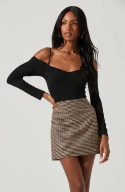 Alessa Cold Shoulder Long Sleeve Bodysuit -Sundress Haven ACS9107 BROWNBLACK 0654