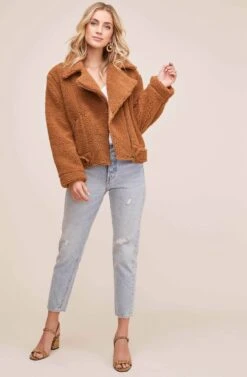 Faux Shearling Moto Jacket -Sundress Haven ACT13878 CARAMEL 2