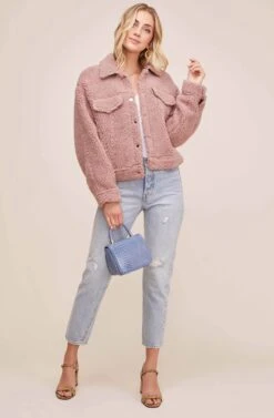 Faux Shearling Trucker Jacket -Sundress Haven ACT15360 DUSTY PINK 1