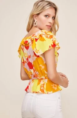 Belize Floral Ruffle Top -Sundress Haven ACT16035 YELLOW ORANGE TROPICAL FLORAL 4
