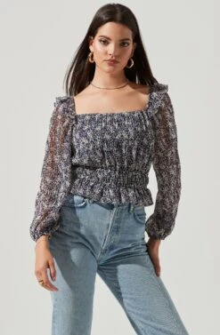 Elva Floral Ruffle Top -Sundress Haven ACT16317B NAVY PURPLEFLORAL 2