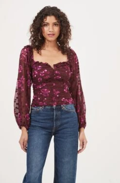 Perkins Ruched Floral Burnout Top