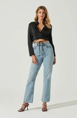 Perry Satin Wrap Front Tie Waist Top -Sundress Haven ACT17025B BLACK 5 2