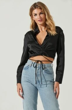 Perry Satin Wrap Front Tie Waist Top -Sundress Haven ACT17025B BLACK 5 3