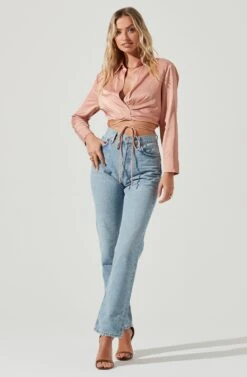 Perry Satin Wrap Front Tie Waist Top -Sundress Haven ACT17025B BLUSH 2