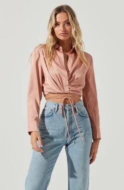 Perry Satin Wrap Front Tie Waist Top -Sundress Haven ACT17025B BLUSH 3