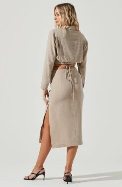 Perry Collared Long Sleeve Tie Waist Crop Top 6 Perry Collared Long Sleeve Tie Waist Crop Top -Sundress Haven ACT17025 TAUPE 3