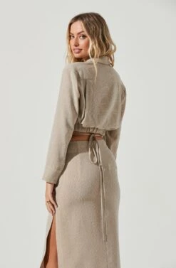Perry Collared Long Sleeve Tie Waist Crop Top 7 Perry Collared Long Sleeve Tie Waist Crop Top -Sundress Haven ACT17025 TAUPE 4