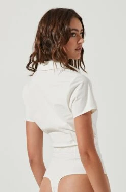 Maui Front Cutout Collared Short Sleeve Bodysuit -Sundress Haven ACT17042 WHITE 5