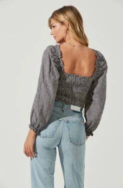 Cardiff Gingham Sweetheart Neck Long Sleeve Top -Sundress Haven ACT17072 NAVYWHITEGINGHAM 5 1