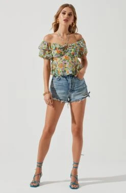 Clover Floral Off Shoulder Halter Neck Top -Sundress Haven ACT17120 GREENORANGEMULTIFLORAL 1296