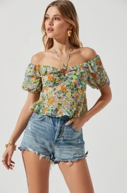 Clover Floral Off Shoulder Halter Neck Top -Sundress Haven ACT17120 GREENORANGEMULTIFLORAL 1298