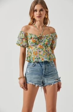 Clover Floral Off Shoulder Halter Neck Top