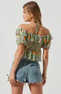 Clover Floral Off Shoulder Halter Neck Top -Sundress Haven ACT17120 GREENORANGEMULTIFLORAL 1305