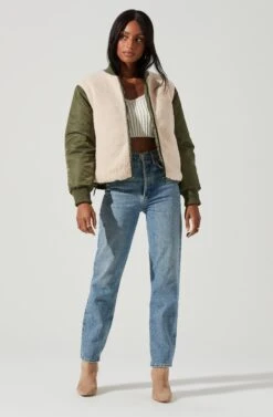 Tegan Faux Shearling Contrast Puffer Jacket -Sundress Haven ACT17307 OLIVE IVORY 0926