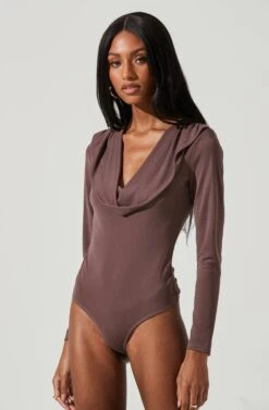 Kimberly Cowl Neck Long Sleeve Bodysuit -Sundress Haven ACT17308 MOCHA 0301