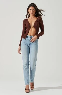 Angelique Ribbed Knit Chain Detail Cardigan -Sundress Haven ACT17337 BROWN 0091