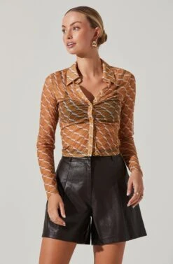 Lamora Mesh Button Down Top -Sundress Haven ACT17338M MUSTARDCREAMGEO 3