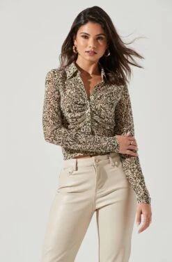 Lamora Mesh Button Down Top -Sundress Haven ACT17338 OLIVECREAMCOMBO 1496