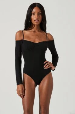 Alessa Cold Shoulder Long Sleeve Bodysuit -Sundress Haven ACT17350 BLACK 0672