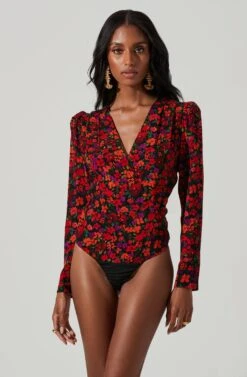 Bartlett Floral Wrap Front Long Sleeve Bodysuit 10 Bartlett Floral Wrap Front Long Sleeve Bodysuit -Sundress Haven ACT17365 REDORANGEMULTI 4