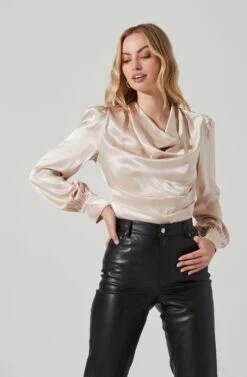 Lilith Satin Cowl Neck Long Sleeve Top -Sundress Haven ACT17366 CHAMPAGNE 3