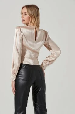 Lilith Satin Cowl Neck Long Sleeve Top -Sundress Haven ACT17366 CHAMPAGNE 4