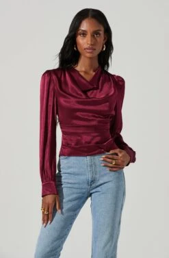 Lilith Satin Cowl Neck Long Sleeve Top -Sundress Haven ACT17366 WINE 2