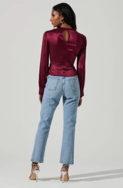 Lilith Satin Cowl Neck Long Sleeve Top -Sundress Haven ACT17366 WINE 6