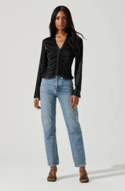 Shannon Satin Ruched Long Sleeve Top -Sundress Haven ACT17370 BLACK 0396