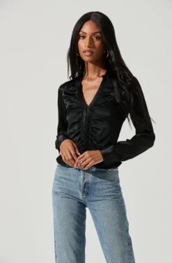 Shannon Satin Ruched Long Sleeve Top -Sundress Haven ACT17370 BLACK 0403