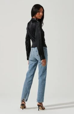 Shannon Satin Ruched Long Sleeve Top -Sundress Haven ACT17370 BLACK 0406