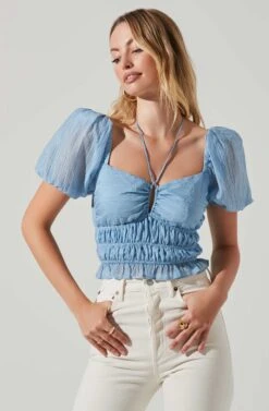 Tarian Halter Smocked Puff Sleeve Top -Sundress Haven ACT17492SL BLUE 2