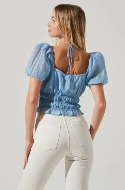 Tarian Halter Smocked Puff Sleeve Top -Sundress Haven ACT17492SL BLUE 3