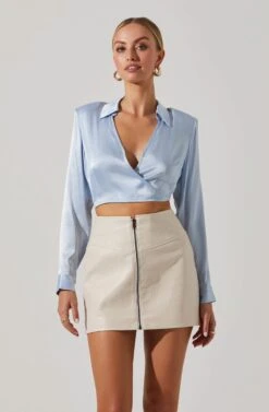 Delphi Satin Pointed Collar Wrapped Tie Waist Top 17 Delphi Satin Pointed Collar Wrapped Tie Waist Top -Sundress Haven ACT17533 LIGHTBLUE 2