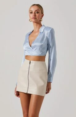 Delphi Satin Pointed Collar Wrapped Tie Waist Top 19 Delphi Satin Pointed Collar Wrapped Tie Waist Top -Sundress Haven ACT17533 LIGHTBLUE 3