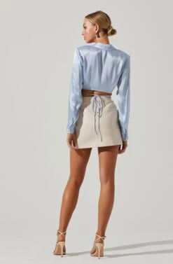 Delphi Satin Pointed Collar Wrapped Tie Waist Top 20 Delphi Satin Pointed Collar Wrapped Tie Waist Top -Sundress Haven ACT17533 LIGHTBLUE 5