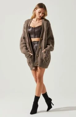 Charli Cable Knit Oversized Cardigan Sweater -Sundress Haven ACT17626 MOCHA 2