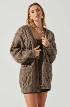 Charli Cable Knit Oversized Cardigan Sweater -Sundress Haven ACT17626 MOCHA 3