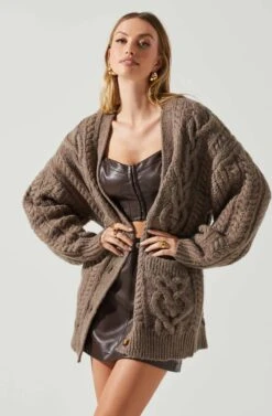 Charli Cable Knit Oversized Cardigan Sweater -Sundress Haven ACT17626 MOCHA 4