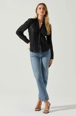 Laurel Satin Pleated Long Sleeve Top -Sundress Haven ACT17840P BLACK 1