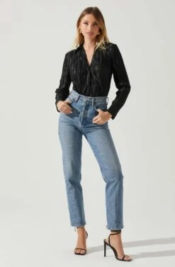 Laurel Satin Pleated Long Sleeve Top -Sundress Haven ACT17840P BLACK 2