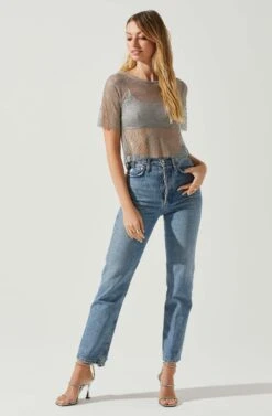 Mckay Rhinestone Mesh Short Sleeve Top -Sundress Haven ACT18042 GREY 2