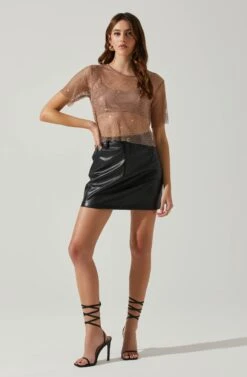 Mckay Rhinestone Mesh Short Sleeve Top -Sundress Haven ACT18042 TAUPE 1