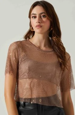 Mckay Rhinestone Mesh Short Sleeve Top -Sundress Haven ACT18042 TAUPE 3