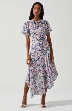 Flutter Sleeve Asymmetrical Floral Maxi Dress